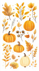 The image is a vibrant illustration of autumn elements, including various pumpkins in different sizes and colors, autumn leaves in shades of orange and yellow, and delicate branches with leaves and fl
