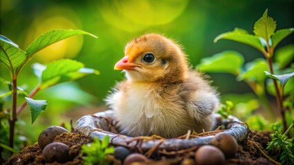 Fototapeta premium Curious Chick Hatching from Muddy Nest in Natural Habitat - Wildlife Documentary Photography, Nature, Bird Life, Chick Development, Nesting Habits, Animal Behavior, Muddy Environment