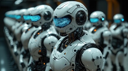 Fototapeta premium Futuristic robots lined up in a high-tech facility.