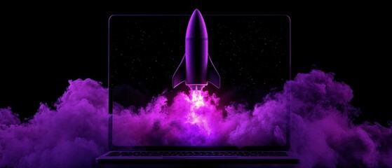 Rocket coming out of laptop screen, black purple background