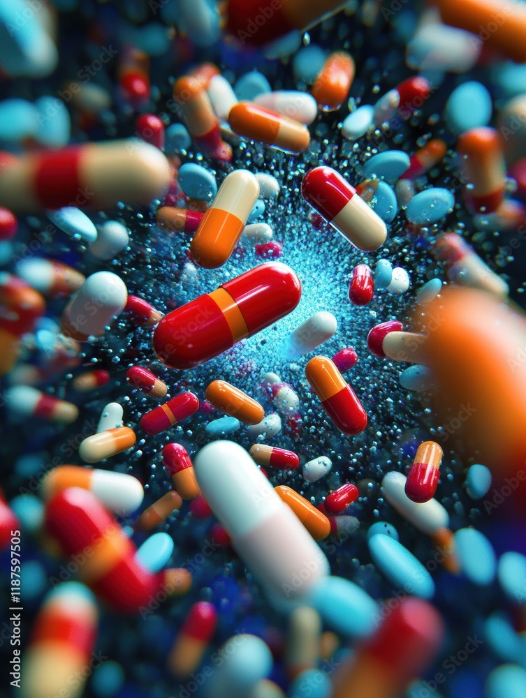 Aufkleber pills symbolizing medical progress encircle and attack bacteria in a vibrant and dynamic representat