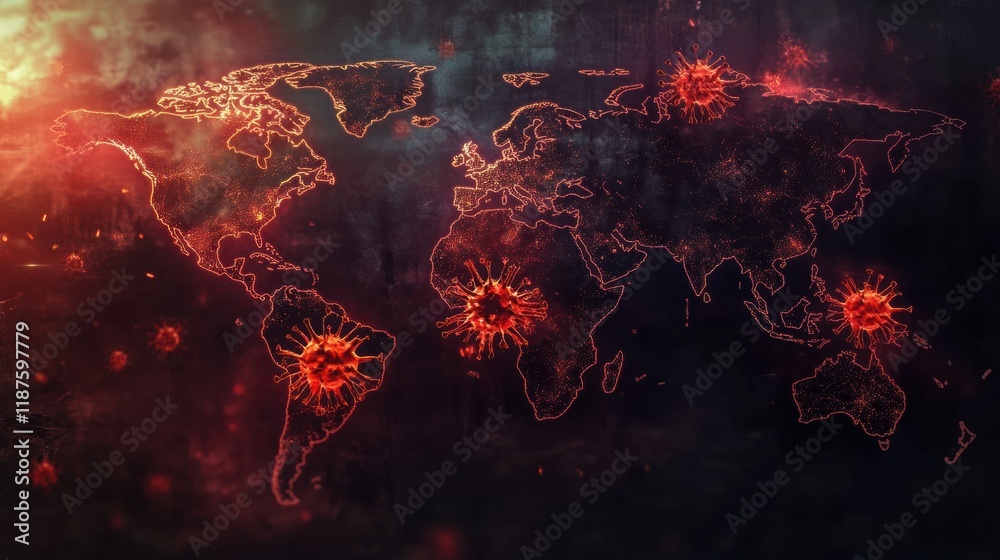 Aufkleber world map highlighting zones of viral spread across different regions and continents during a pandem