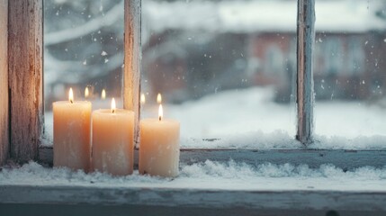 Soft candlelight flickers beside a snowy window, bringing warmth to the cold winter landscape outside