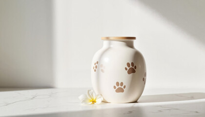 Ceramic pet urn with paw prints on white marble surface
