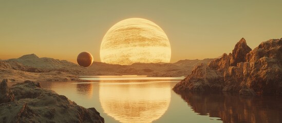 Fototapeta premium Alien sunset, moon, lake, rocks, sci-fi
