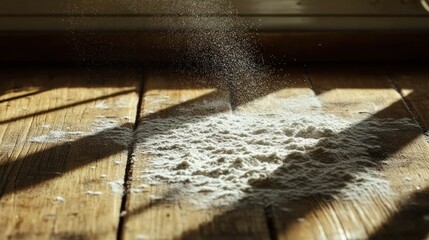 A dusting of powdered sugar being sprinkled over a wooden surface, illuminated by natural light