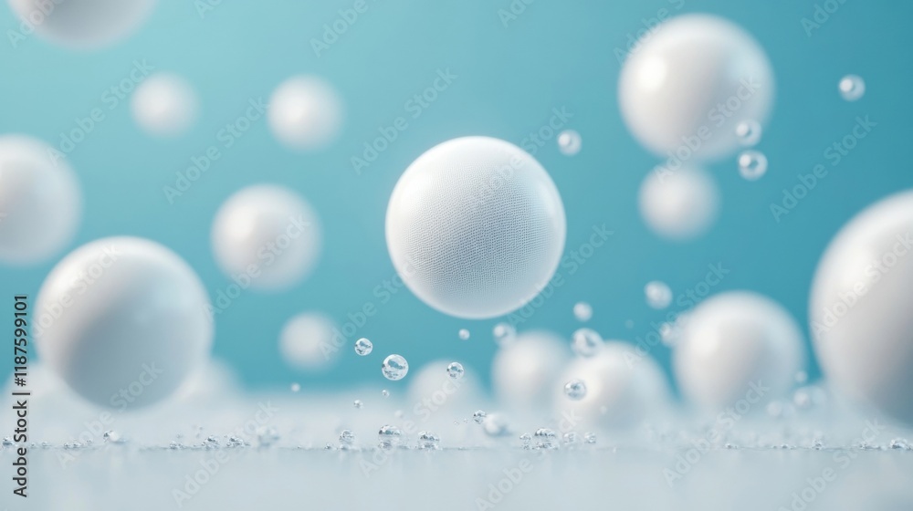 Poster abstract composition of floating white spheres enhances a calming environment with an airy light blu