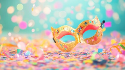 Festive carnival masks in bright colors lay among a shower of confetti, adding joy to the celebration during a lively carnival event