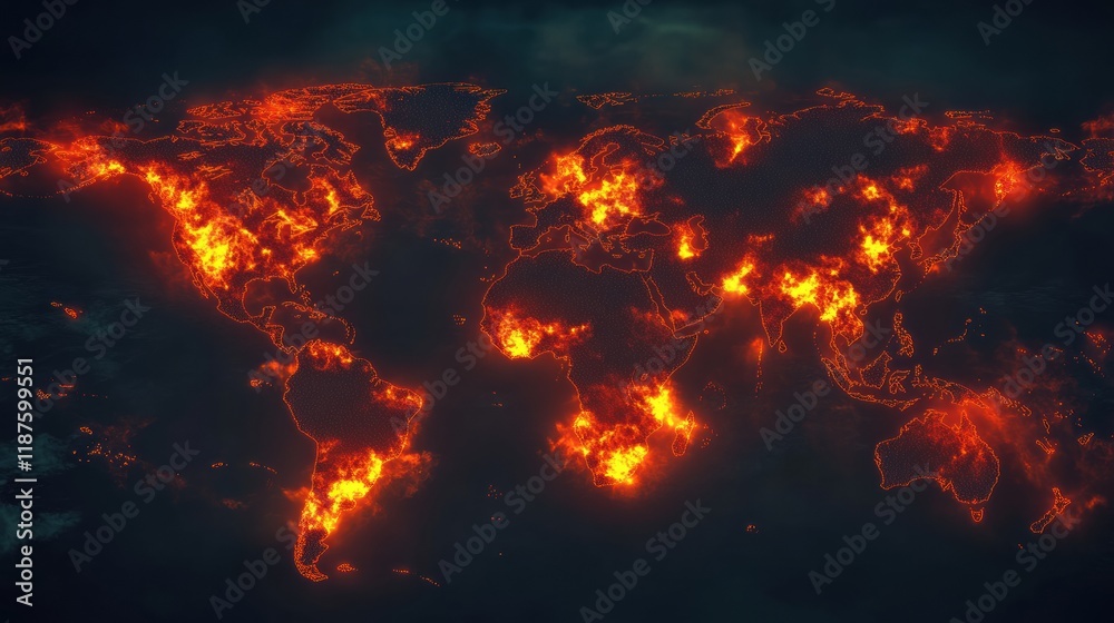 Leinwandbilder world map showing highlighted zones of viral spread with intense visual effects illustrating signifi