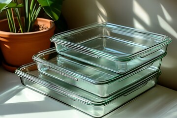 Stacked Glass Baking Dishes In Sunlight