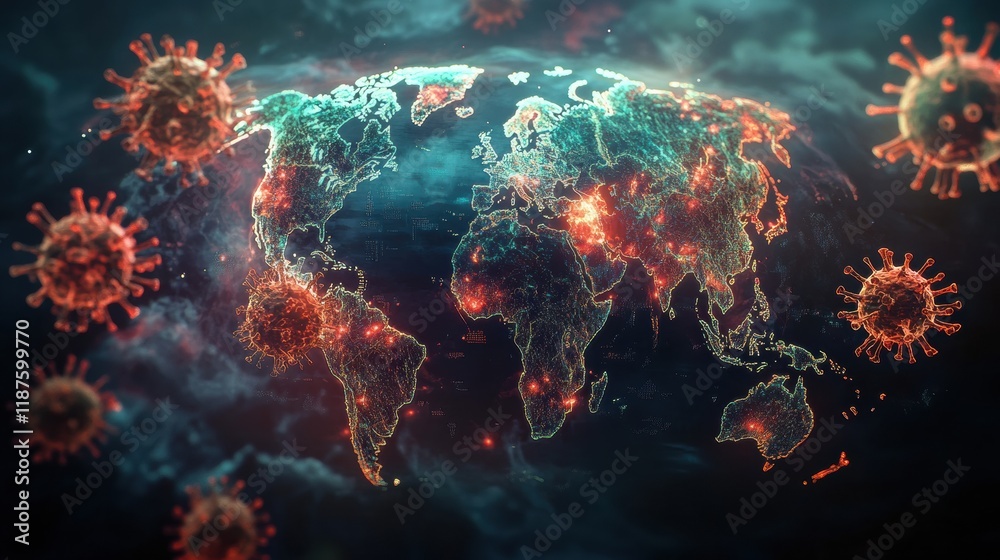 Aufkleber world map illustrating zones of viral spread and impact on global health dynamics. generative ai