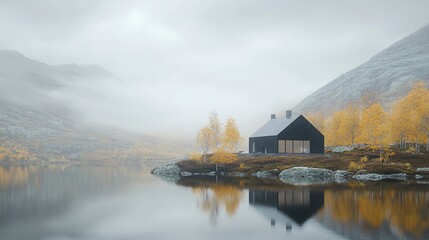 Fototapeta premium Modern black house by misty lake in autumn mountains.