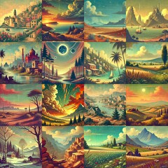 Fototapeta premium Landscapes in vintage cartoon style. AI generated illustration
