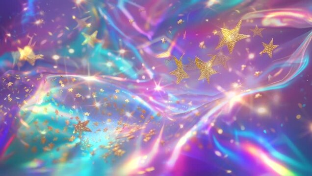 Iridescent holographic abstract background with gold glitter stars. (1)
