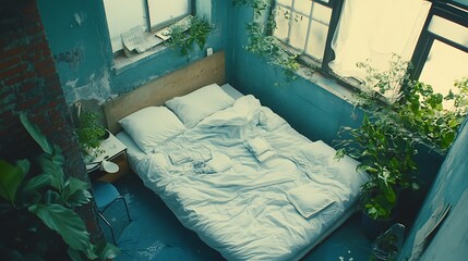 Unmade Bed In A Room Filled With Plants