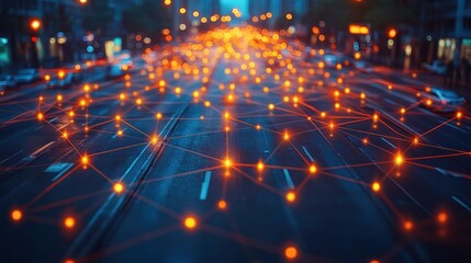 Obraz premium A street scene illuminated with a network of glowing connections.