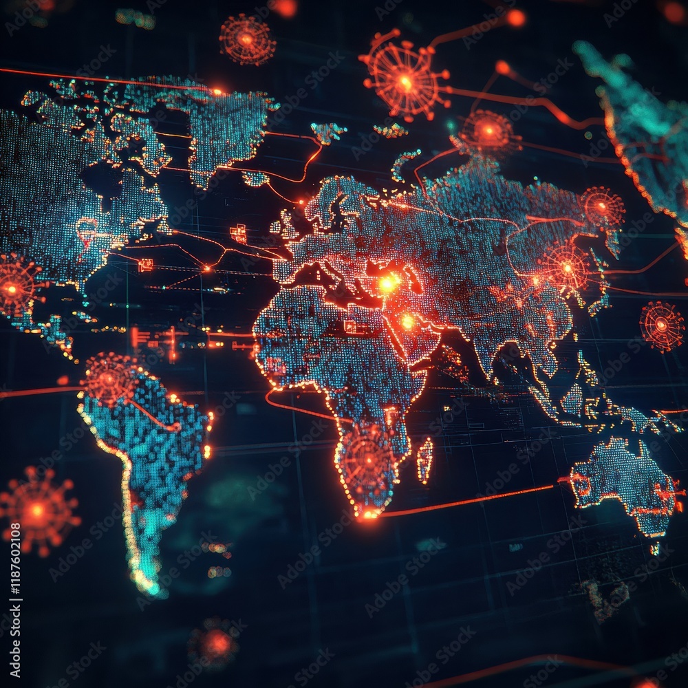 Aufkleber World map highlighting zones of viral spread and patterns of infection across regions in real time. Generative AI