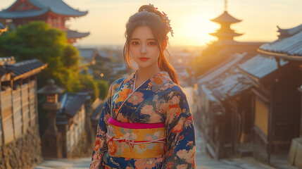 Obraz premium japan, Japanese women, kimono, geisha, Japanese clothing, Japanese art, beauty, fragility, scene, art, glittering, pretty, smile, cute, Kawaii, shrine, temple, scenery, flower, cherry blossoms, rain, 
