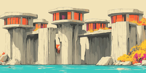 Futuristic Concrete Architecture Overlooking Serene Blue Waters with Vibrant Autumn Foliage - Modern Circular Buildings with Large Red Windows in Natural Setting