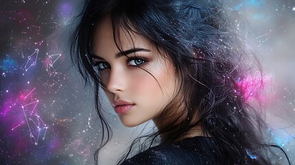 Portrait of a graceful woman with black hair glowing under vibrant neon zodiac symbols and a cosmic starry sky, radiant ambiance, Ultra-Realistic, Photo Realistic, highly detailed, 