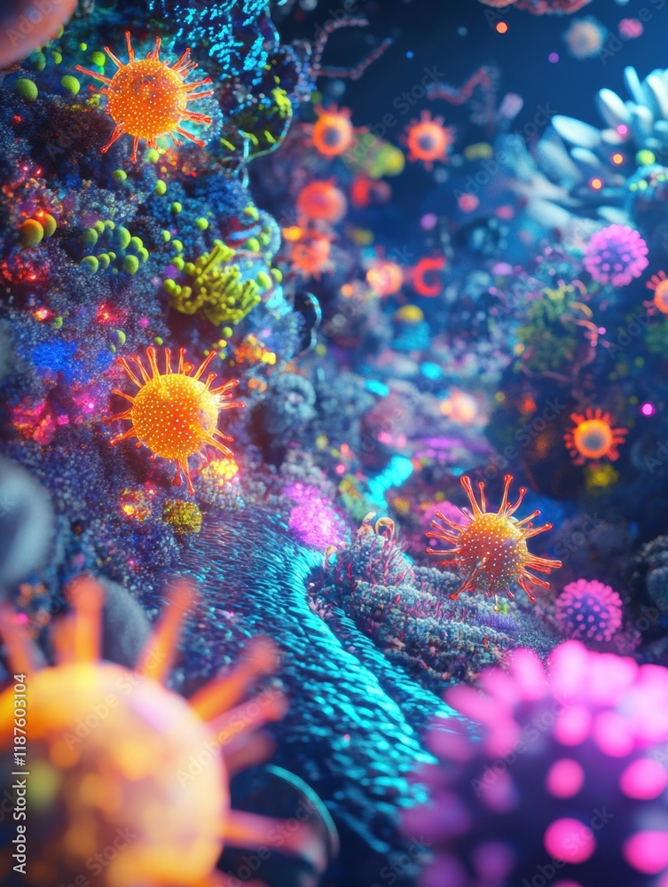 Aufkleber vibrant microscopic landscape showcasing glowing viruses in a colorful underwater environment. gener