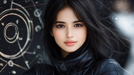 Stunning black-haired woman, framed by glowing zodiac signs in a starry nightscape, vibrant neon light effects, surreal backlighting, Ultra-Realistic, Photo Realistic, highly detailed, 