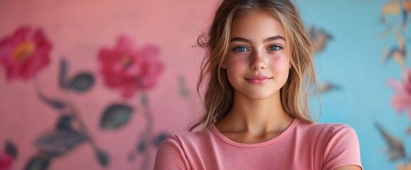 Portrait of a beautiful teenage girl with blue eyes and long blonde hair, smiling gently against a pastel floral backdrop.
