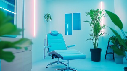 Naklejka premium Modern blue medical examination chair in a serene room