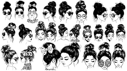 Messy bun hairstyle great set collection clip art silhouette, momlife black messy bun hair vector illustration on white background V10.