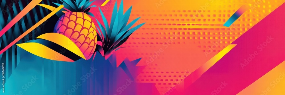 Poster colorful abstract geometric design featuring a pineapple surrounded by vibrant tropical elements. ge