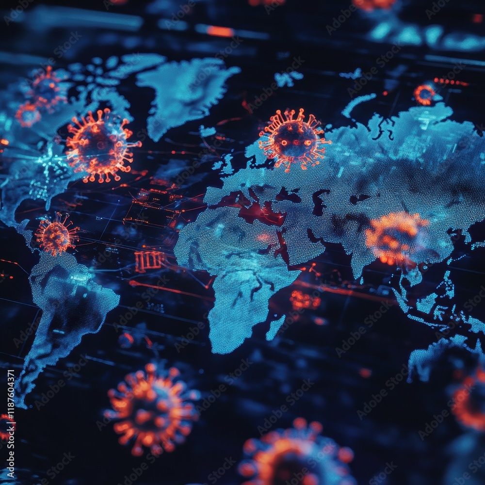 Poster World map displaying zones of viral spread indicating risk levels and affected areas worldwide in real time. Generative AI