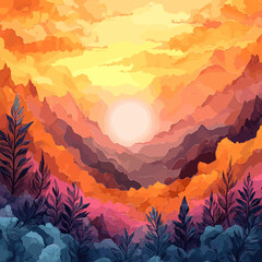 Stunning Abstract Landscape Art Print with Vibrant Sunset Colors and Mountains, Capturing Tranquil Nature Beauty in a Serene Sunset, Perfect for Home Decor
