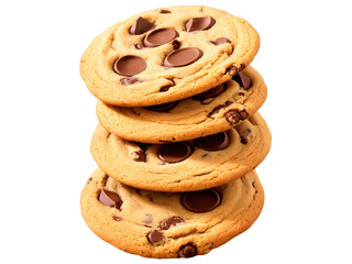 Chocolate Chip Cookies, cookie stack spiral, chocolate swirl, milk splash, warm lighting, commercial photography, transparent background