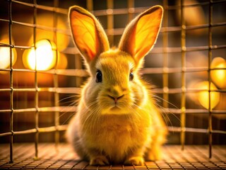 Obraz premium Long Exposure Photo: Yellow Rabbit in Cage, Frontal View, Pet Photography, Animal Portrait, Night Photography, Blurred Background, Captive