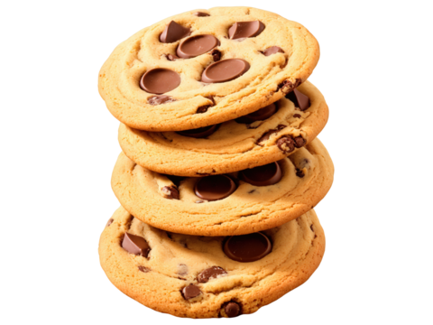 Chocolate Chip Cookies, cookie stack spiral, chocolate swirl, milk splash, warm lighting, commercial photography, transparent background