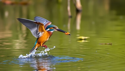 Kingfisher in flight, catching fish, water splash.