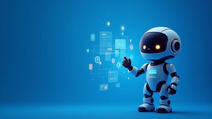 A cute futuristic robot interacting with a glowing digital data interface on a vibrant blue background. The robot has a sleek design with friendly features, surrounded by interactive data panels and g