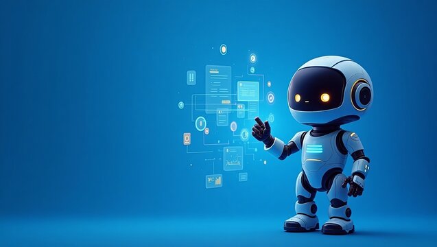 A cute futuristic robot interacting with a glowing digital data interface on a vibrant blue background. The robot has a sleek design with friendly features, surrounded by interactive data panels and g