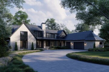 A contemporary two-story residence is nestled amidst vibrant, lush greenery, creating a serene atmosphere in a peaceful residential neighborhood during the bright daylight hours