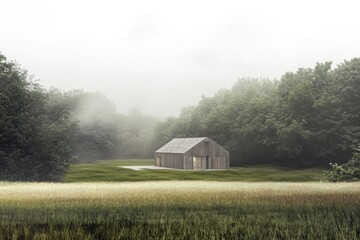 Rustic wooden barn stands solitary in a misty field surrounded by dense forest and tall grass during early morning hours