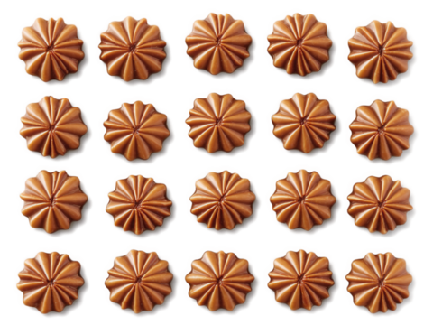 Pecan Pralines Glistening pecan pralines in caramel sauce, arranged artfully with pecans on transparent backdrop.