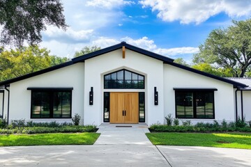 Modern architectural design showcased in a residential building with sleek lines and large windows amidst a lush green landscape on a sunny day