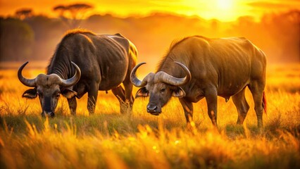 Obraz premium Majestic Buffalo Herd, African Savannah, Wildlife Photography, High-Resolution Image, Depth of Field, Nature, Wild Animals