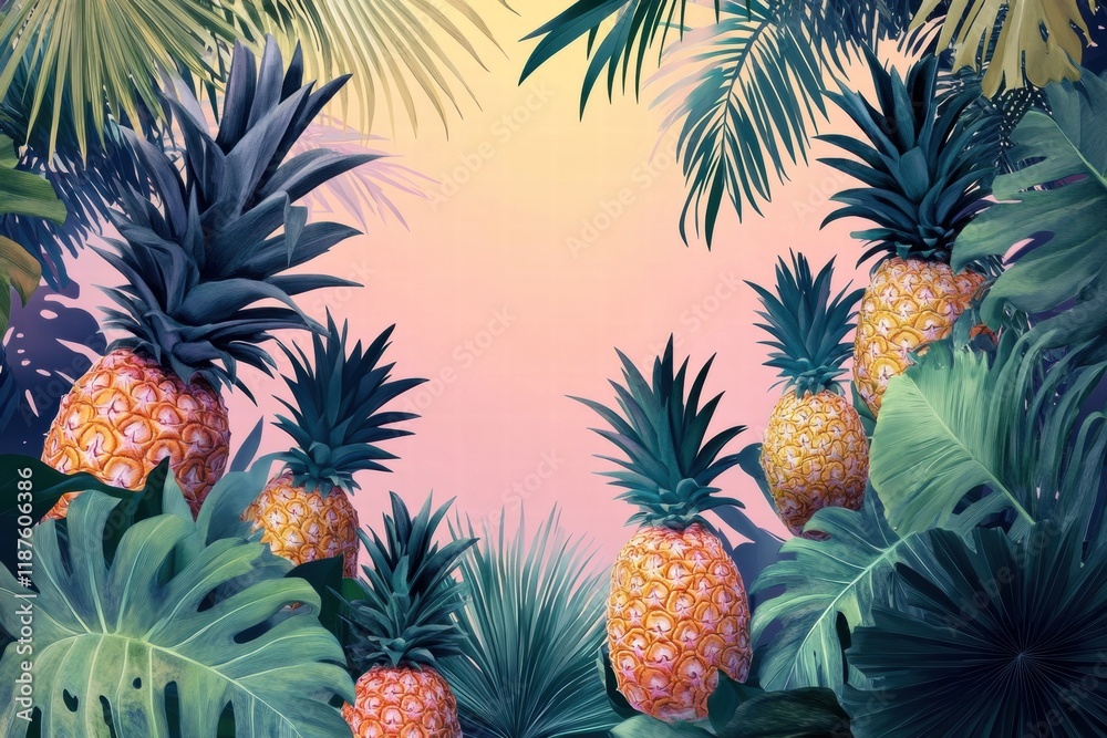 Aufkleber vibrant pineapples amidst lush palm trees and tropical foliage in a colorful backdrop at sunset. gen