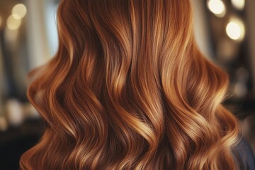 Fototapeta premium Close-up of chestnut hair in soft waves with highlights and hairpins