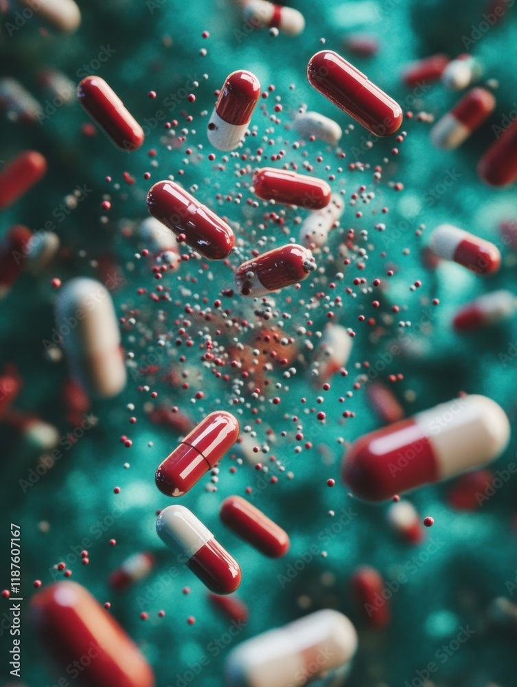 Poster pills attacking bacteria to symbolize advancements in medical science and health solutions. generati