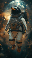 Fototapeta premium Penguin in Futuristic Spacesuit Floating in Space with Earth in the Background