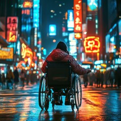 Obraz premium Urban Night Scene with Wheelchair User in City