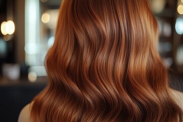Fototapeta premium Close-up of chestnut hair in soft waves with highlights and hairpins