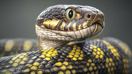 Fototapeta premium snake with high detailed head in black and yellow skin with curved body over green blurred background 